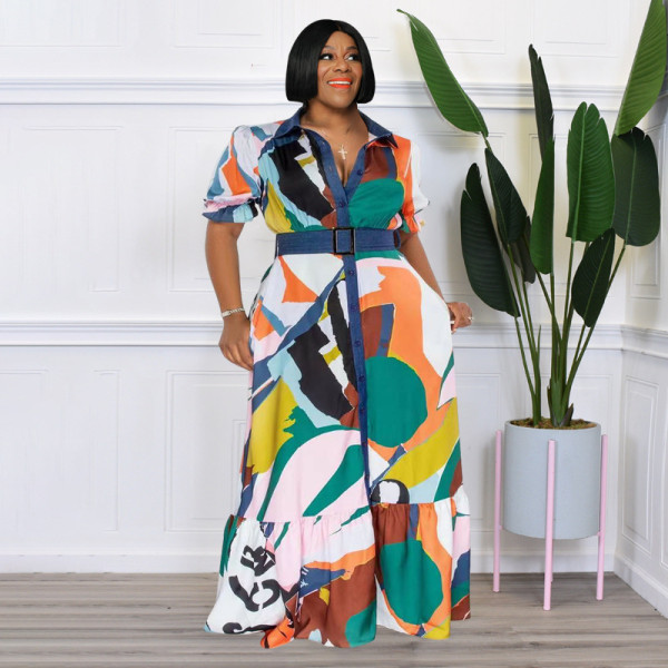 Colorful Print Belted Loose Plus Size Women's Dress