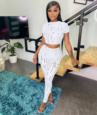 Elastic ripped turtleneck long-sleeved top pencil pants set