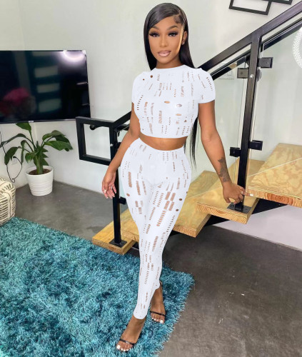 Elastic ripped turtleneck long-sleeved top pencil pants set