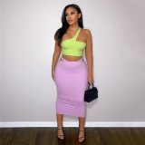 Fashionable sloping shoulder strapless vest solid color temperament slim fit hip skirt suit