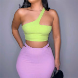 Fashionable sloping shoulder strapless vest solid color temperament slim fit hip skirt suit