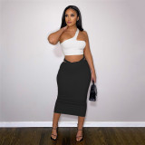 Fashionable sloping shoulder strapless vest solid color temperament slim fit hip skirt suit
