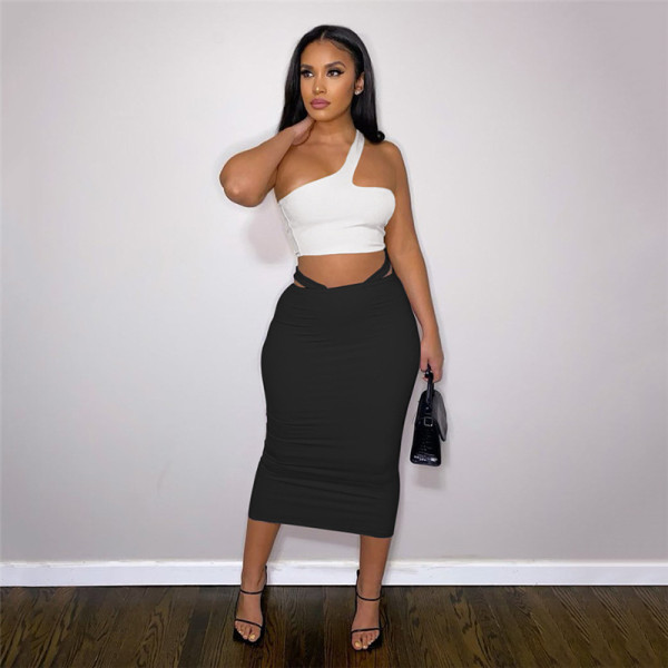 Fashionable sloping shoulder strapless vest solid color temperament slim fit hip skirt suit
