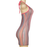Fashion halter neck open back mesh print sexy slim hip dress