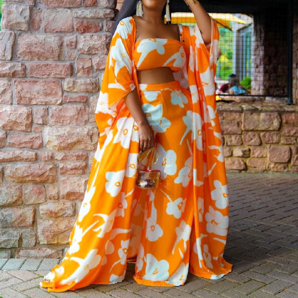 Women's Printed Mid Sleeve Wrap Chest Wide Leg Pants Three Piece Set