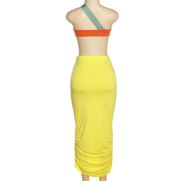 Fashion open back tube top sexy open back high waist pleated slim skirt suit