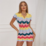 Fashion polo neck wavy short sleeve slim hip knitted dress