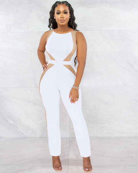 Women's Fashion Twelve Silver Line Stitching Milk Silk Jumpsuit