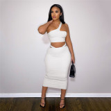 Fashionable sloping shoulder strapless vest solid color temperament slim fit hip skirt suit