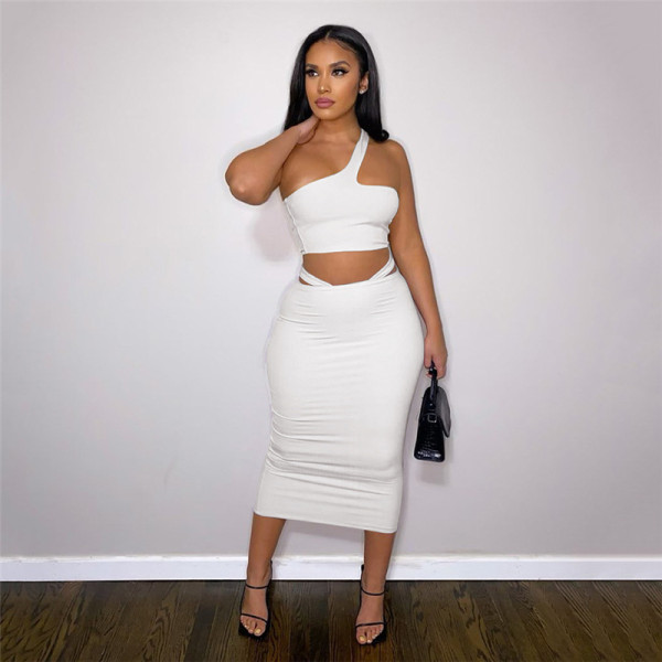 Fashionable sloping shoulder strapless vest solid color temperament slim fit hip skirt suit