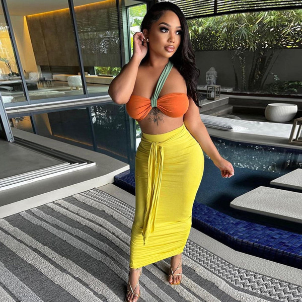 Fashion open back tube top sexy open back high waist pleated slim skirt suit