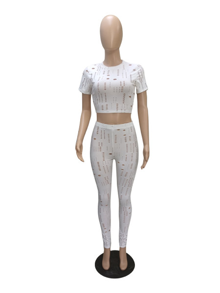 Elastic ripped turtleneck long-sleeved top pencil pants set