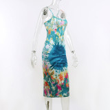 Tie-dye print suspender dress fashionable sexy temperament long skirt
