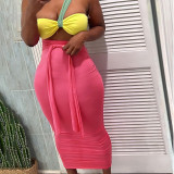 Fashion open back tube top sexy open back high waist pleated slim skirt suit