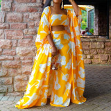 Women's Printed Mid Sleeve Wrap Chest Wide Leg Pants Three Piece Set