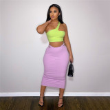 Fashionable sloping shoulder strapless vest solid color temperament slim fit hip skirt suit