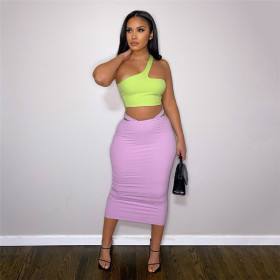Fashionable sloping shoulder strapless vest solid color temperament slim fit hip skirt suit