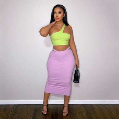 Fashionable sloping shoulder strapless vest solid color temperament slim fit hip skirt suit