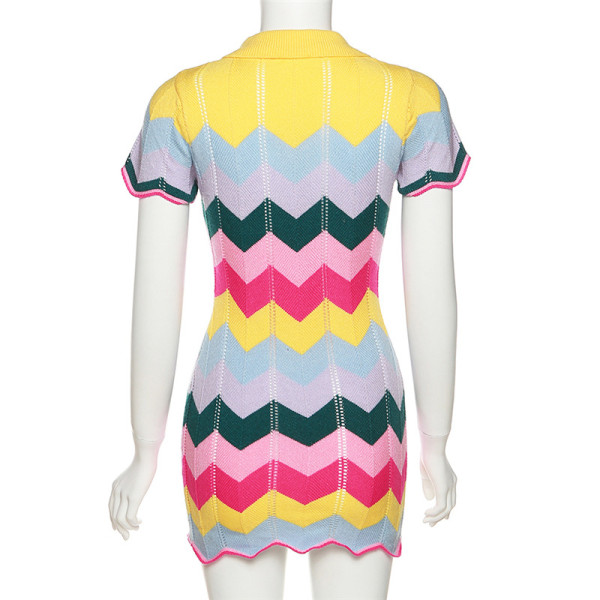 Fashion polo neck wavy short sleeve slim hip knitted dress