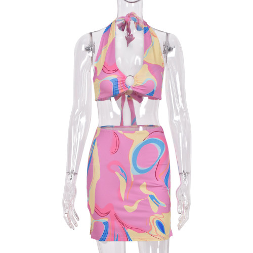 Sexy Backless Crop Tie Print Dress Suit