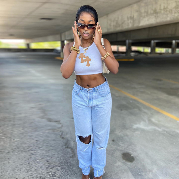 Women's Sexy Slim Slim Navel Contrast Embroidered Tank Top