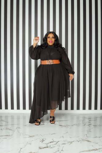 Plus Size Solid Color Long Sleeve Loose Dress (No Belt)