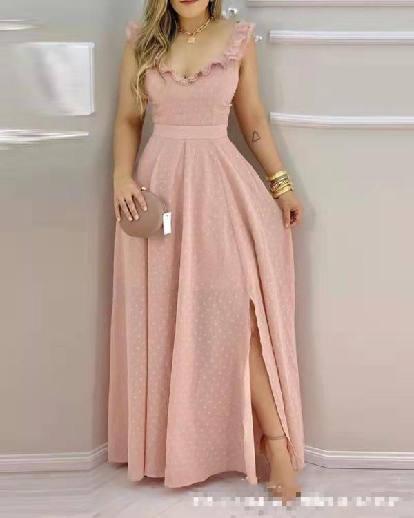 Long lace-up V-neck large swing solid color dress