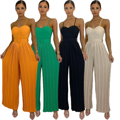 Women's Solid Pleated Wide Leg Jumpsuit