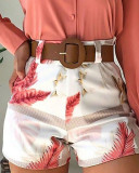 Fashion Casual Suit Solid Color Long Sleeve Lapel Shirt Printed Shorts Two Piece