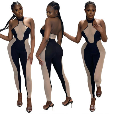 Sleeveless mesh panel milk silk jumpsuit