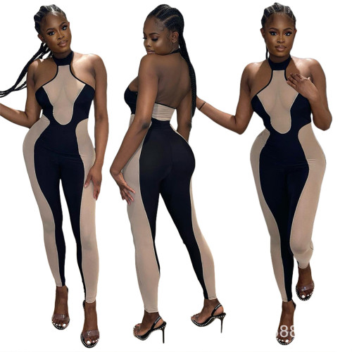 Sleeveless mesh panel milk silk jumpsuit