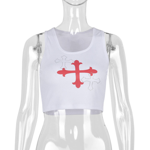 Women's sexy slim print hot-drilled navel vest