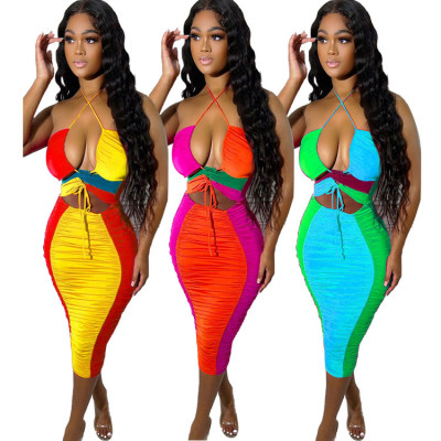 Sexy Sleeveless Halter Wrap Crop Smocked Dress