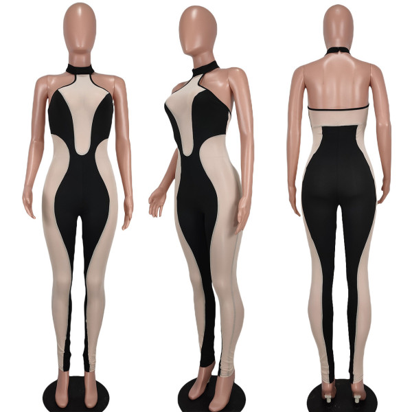 Sleeveless mesh panel milk silk jumpsuit