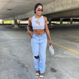 Women's Sexy Slim Slim Navel Contrast Embroidered Tank Top