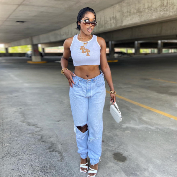 Women's Sexy Slim Slim Navel Contrast Embroidered Tank Top