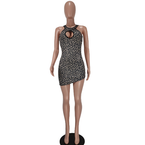 Sexy Sleeveless Leopard Print Irregular Midi Dress