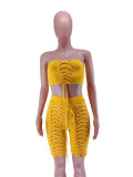 Solid Color Drawstring Bandeau Shorts Set