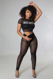 Fashion Letter Print Stretch Slim Pants Mesh Two-Piece Set