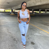 Women's Sexy Slim Slim Navel Contrast Embroidered Tank Top