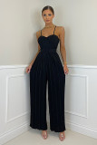 Women's Solid Pleated Wide Leg Jumpsuit