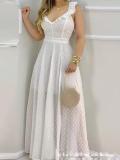 Long lace-up V-neck large swing solid color dress