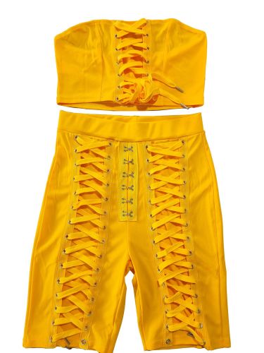 Solid Color Drawstring Bandeau Shorts Set