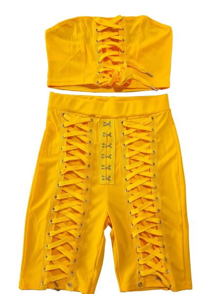 Solid Color Drawstring Bandeau Shorts Set