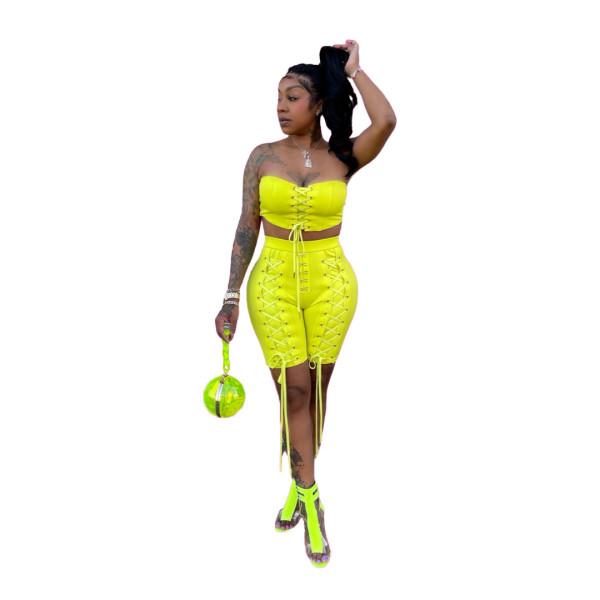 Solid Color Drawstring Bandeau Shorts Set
