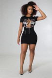 Round Neck Care Machine Chain Cross Cutout Print Dress