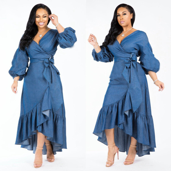 Women's Long Sleeve Wrinkled Irregular Fashion Denim Skirt