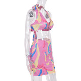 Sexy Backless Crop Tie Print Dress Suit