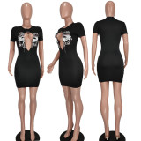 Round Neck Care Machine Chain Cross Cutout Print Dress