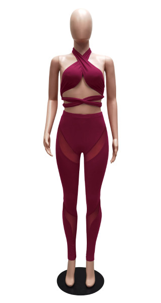 Sexy Hollow Halter Cross Solid Color Mesh Splicing Perspective Two-piece Set